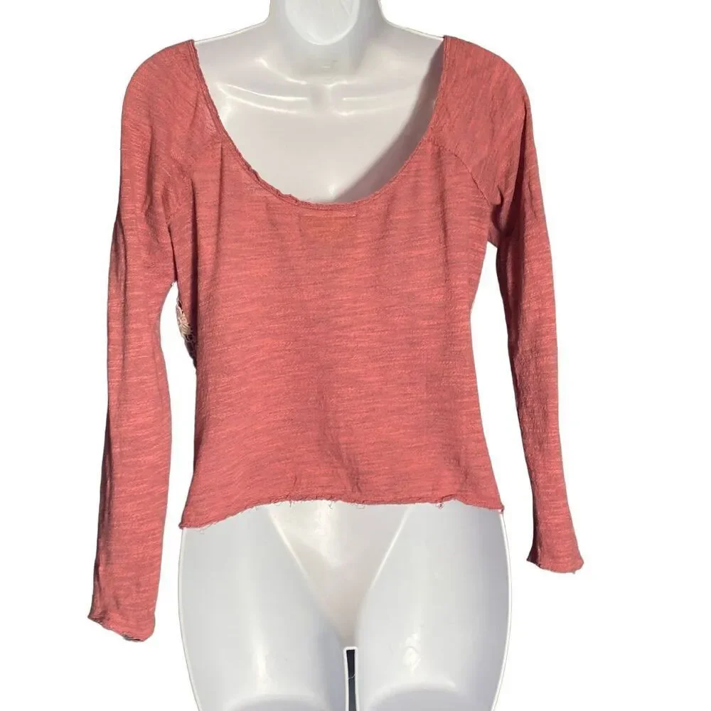 Free People Crochet Lace Front Long Sleeve Top Size M